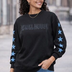 Jewel House Black Crewneck Sweatshirt Blue Star Sleeves Size Small